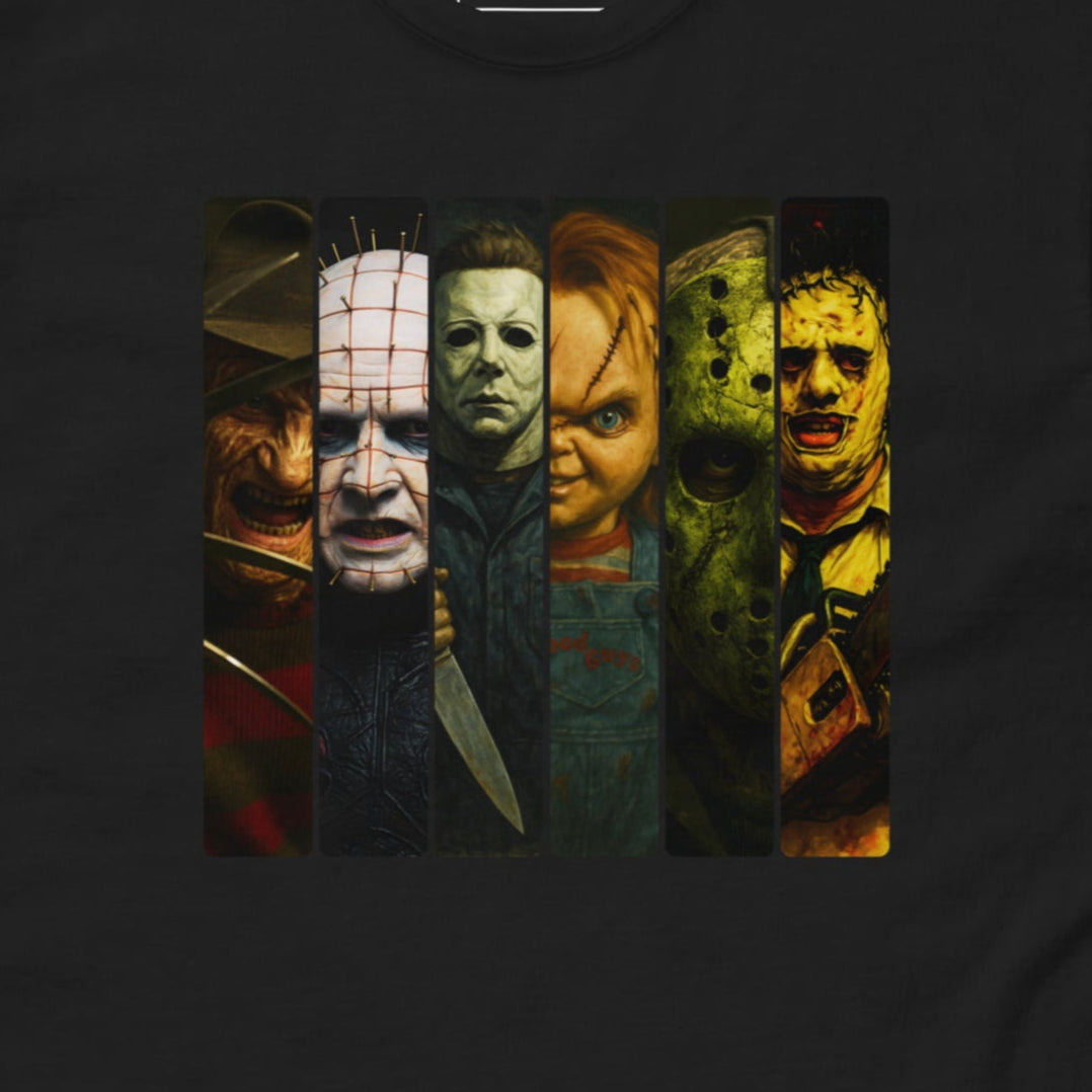 Black Gildan Unisex T-Shirt featuring a panel graphic with multiple classic horror movie icons.