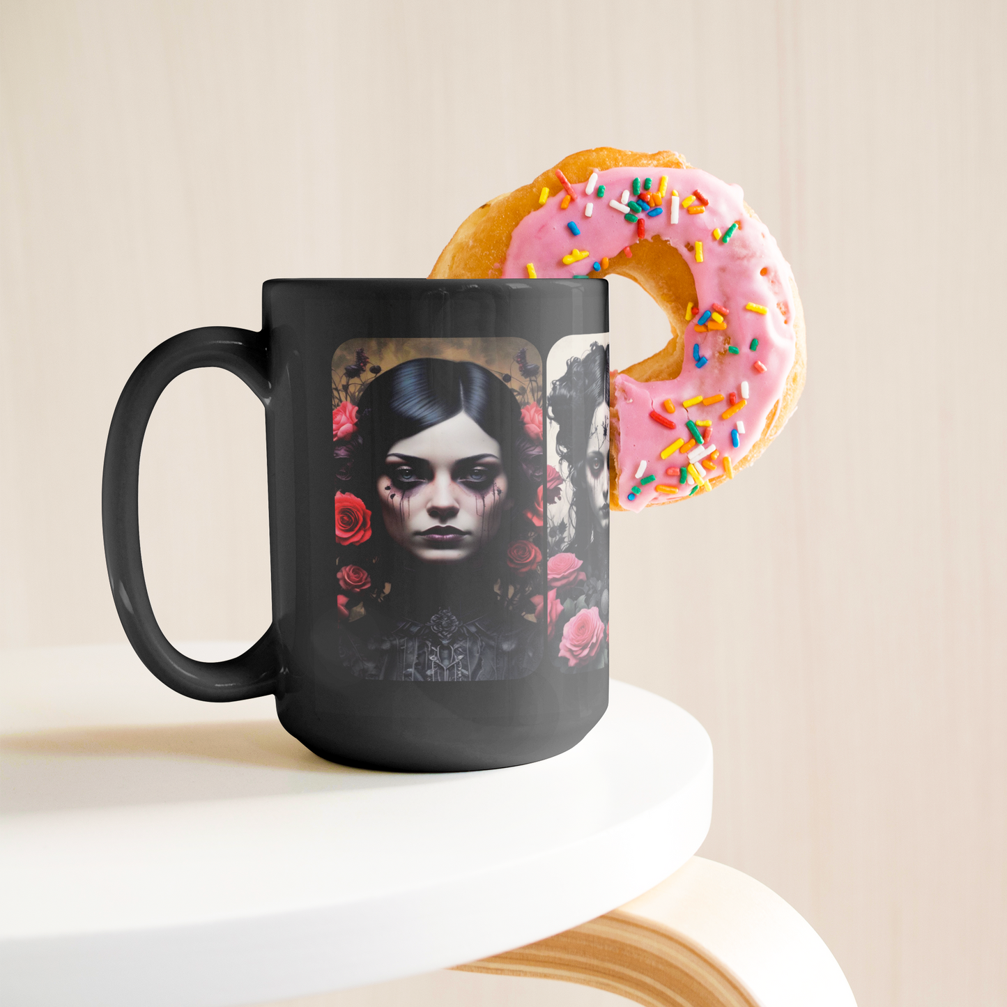 Floral_Goth_Girl_15oz_Ceramic_Mug_Lifestyle_Donut_LH_Mockup.png