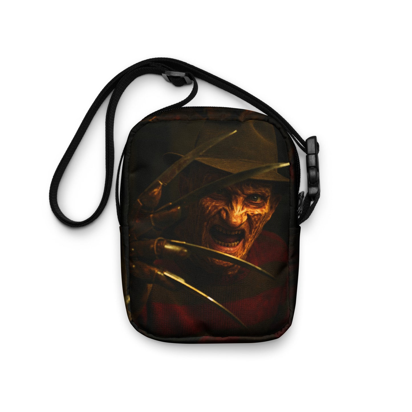Freddy Krueger Closeup Graphic Canvas Crossbody Bag Nightmare on Elm Street Terrifying Horror Fan Shoulder Purse Iconic Slasher Accessory Adjustable Strap Polyester Canvas Material Multiple Pockets