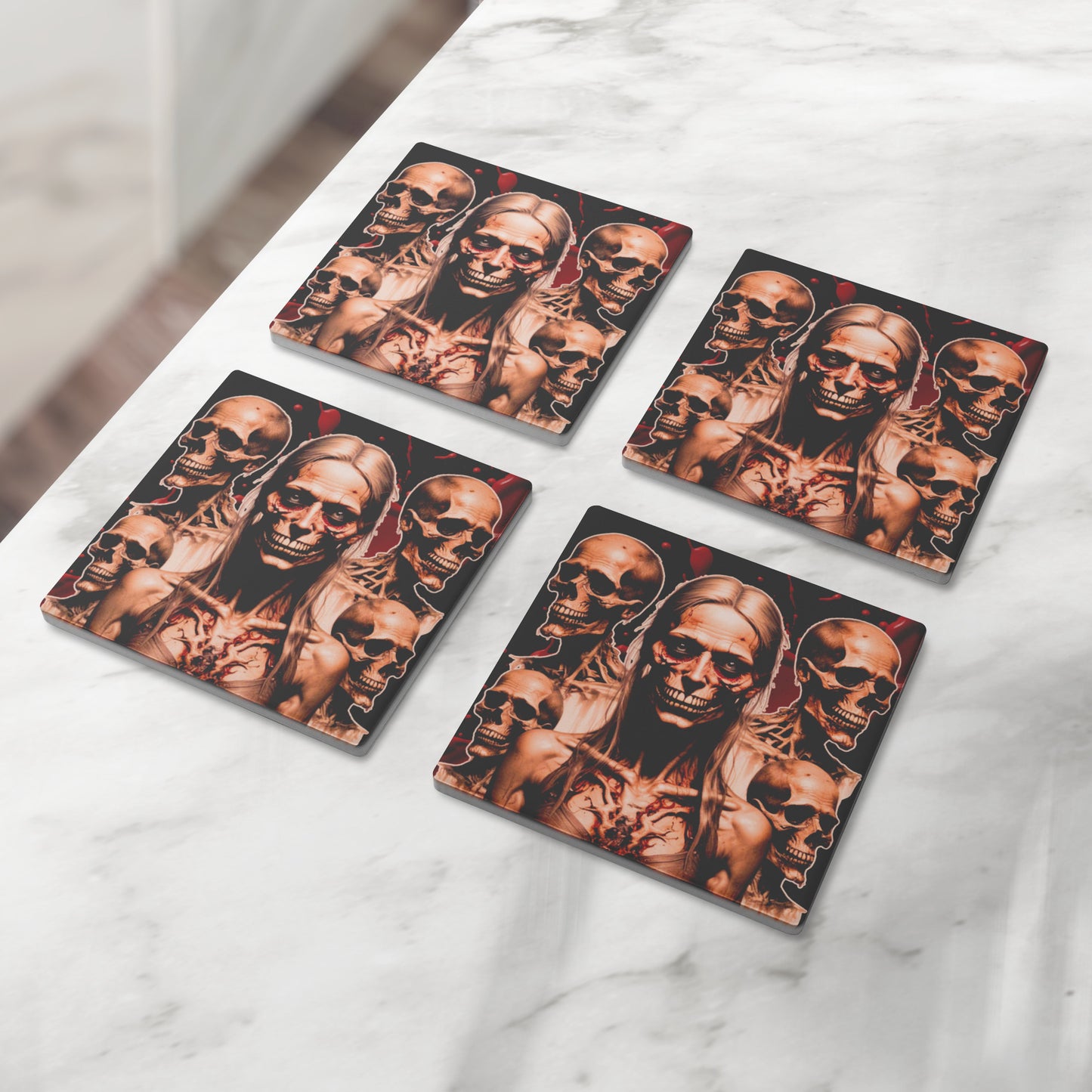 Zombie Horror Girl and Skulls Coasters, Set of 4