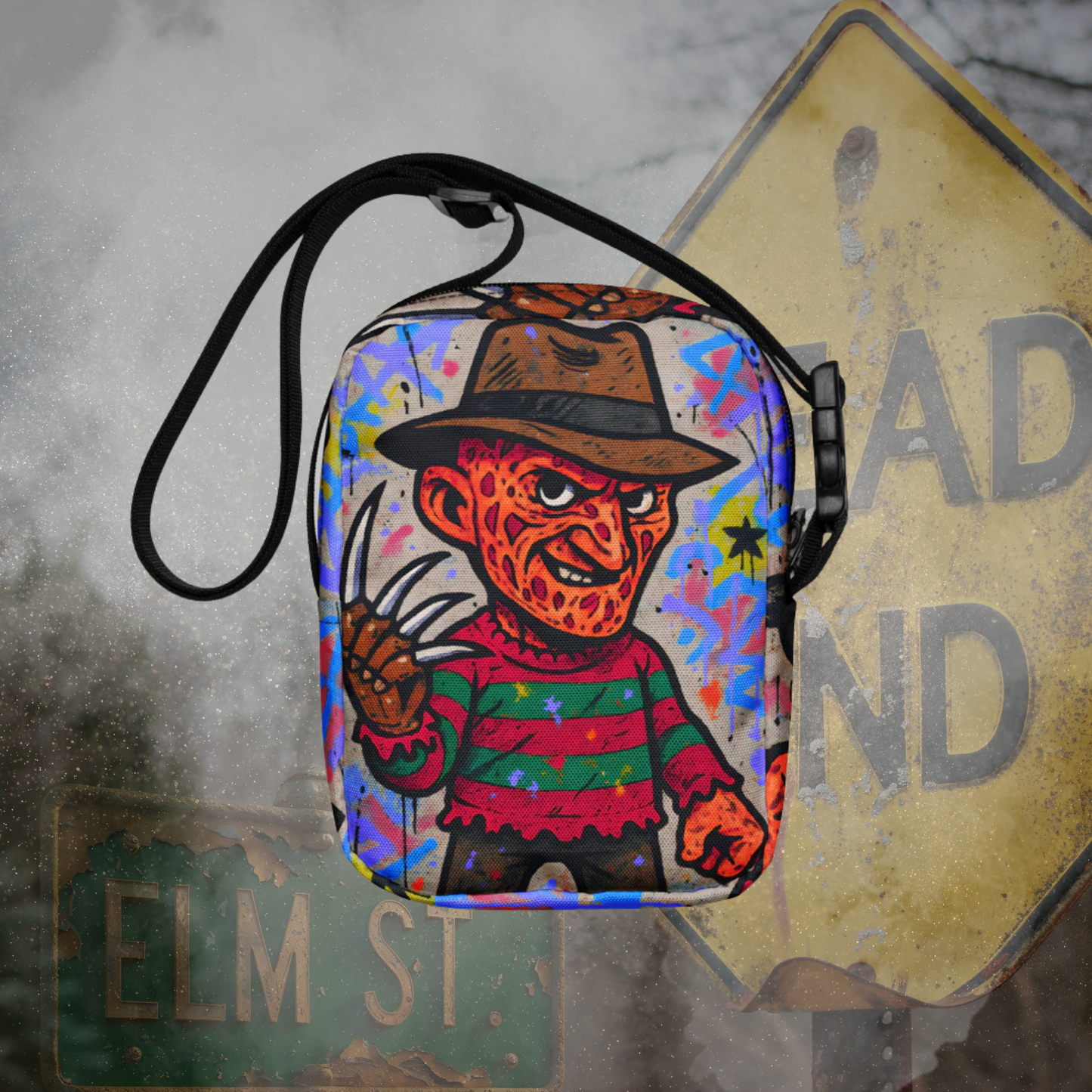 Pop-Art Freddy Krueger Nightmare on Elm Street Cartoon Graphic Canvas Crossbody Bag Vibrant Horror Fan Shoulder Purse Stylized Slasher Accessory Adjustable Strap Polyester Canvas Material Multiple Pockets