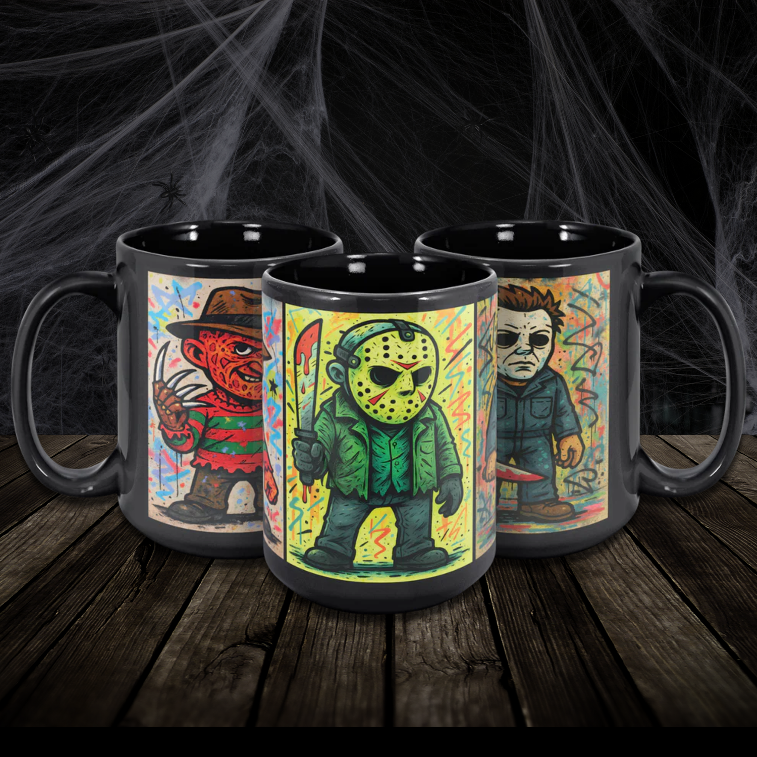 Po-art style classic horror icons Freddy, Jason, and Michael Colorful Pop-art horror fan art Classic Horror Art Slasher Horror Characters Graphics on 15oz Mug