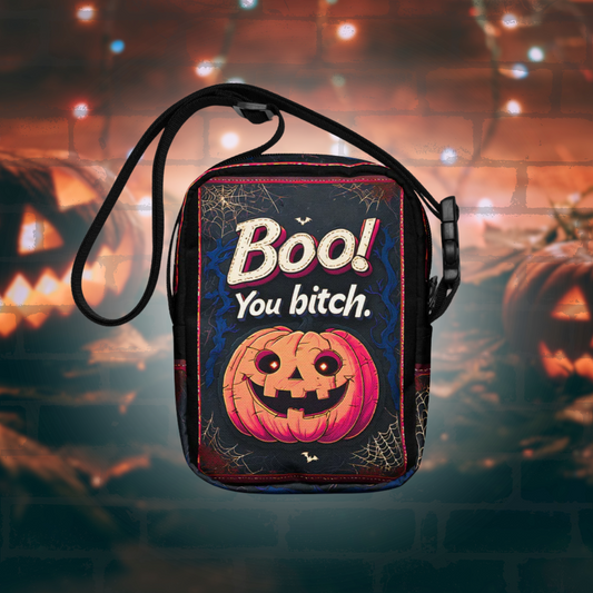 Funny Halloween Pumpkin Crossbody Bag "Boo! You bitch." Text Canvas Purse Sarcastic Spooky Gift Novelty Humor