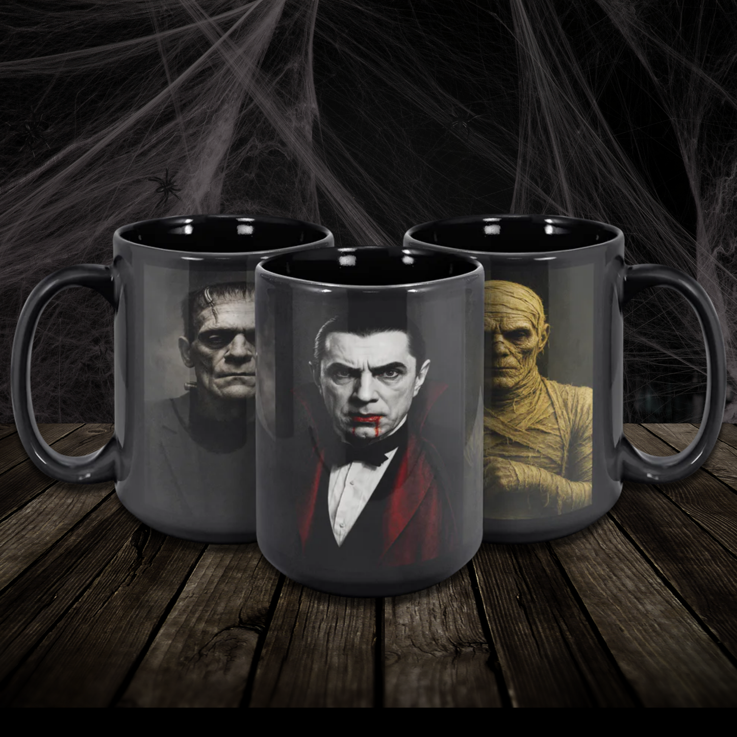 Classic Horror Villains 15o Mug, Frankenstein's Monster, Dracula, Mummy