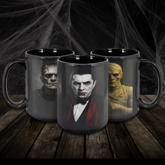 Classic Horror Villains 15o Mug, Frankenstein's Monster, Dracula, Mummy