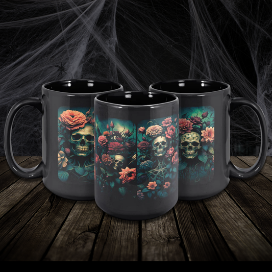 Horror Skull and Floral Ceramic Mugs, Ceramic Mug of Goth, Holds 15oz of Unholy Water and Other Liquids