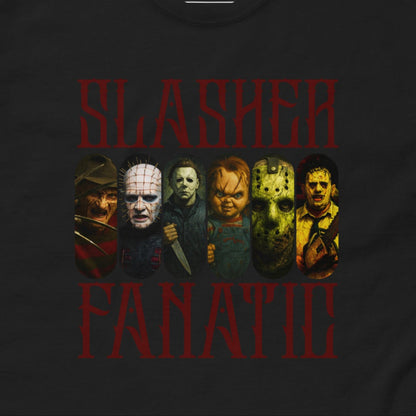 Black Gildan Unisex T-Shirt with a graphic featuring classic horror movie icons and the text 'Slasher Fanatic.'