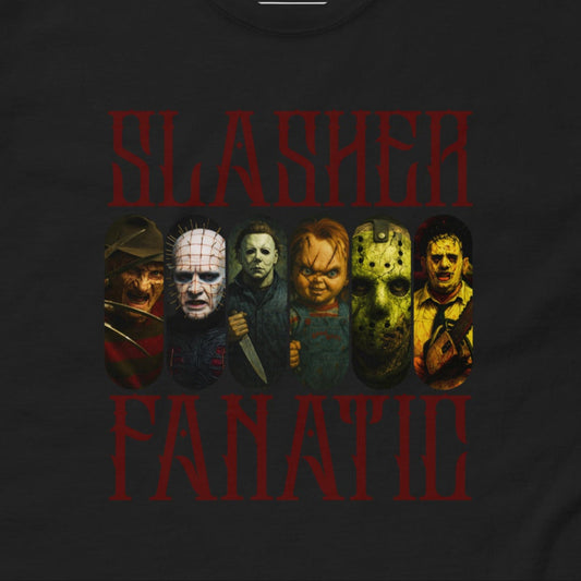 Black Gildan Unisex T-Shirt with a graphic featuring classic horror movie icons and the text 'Slasher Fanatic.'