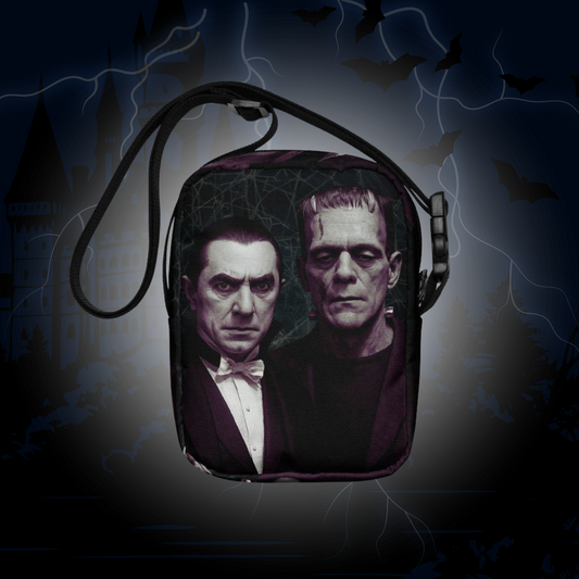 Dracula and Frankenstein's Monster BFFs Portrait Graphic Canvas Crossbody Bag Classic Horror Best Friends Monster Duo Shoulder Purse Spooky Besties Accessory Adjustable Strap Polyester Canvas Material Multiple Pockets