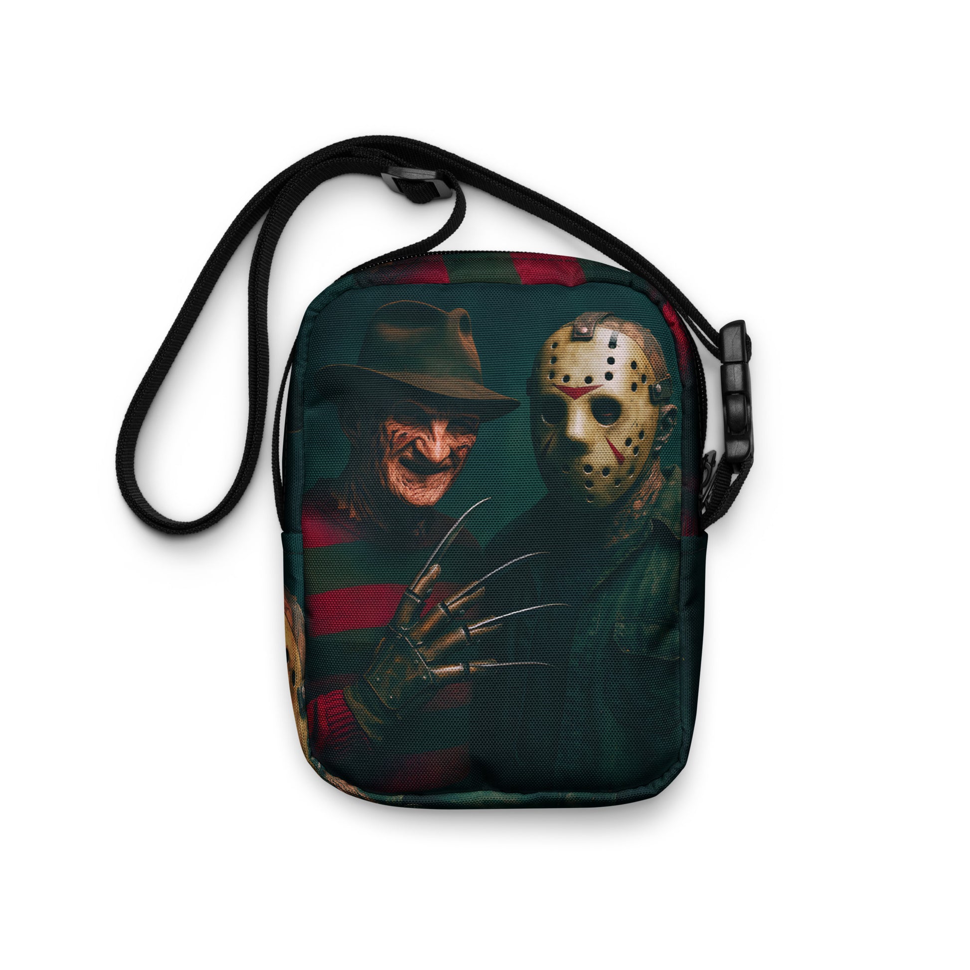 Freddy and Jason BFFs Classic Horror Best Friends Portrait Graphic Canvas Crossbody Bag Slasher Duo Shoulder Purse Spooky Besties Accessory Adjustable Strap Polyester Canvas Material Multiple Pockets
