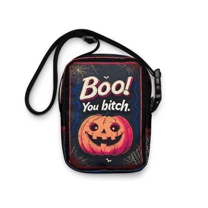 Funny Halloween Pumpkin with "Boo! You Bitch." Text Graphic Canvas Crossbody Bag Sarcastic Spooky Shoulder Purse Novelty Humor Accessory Adjustable Strap Polyester Canvas Material Multiple Pockets 