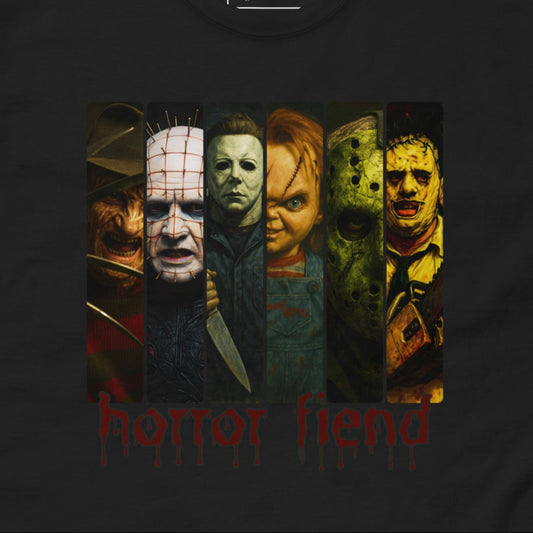 Black Gildan Unisex T-Shirt featuring a panel graphic of classic horror villains and the phrase 'Horror Fiend' in red, bloody lettering. 