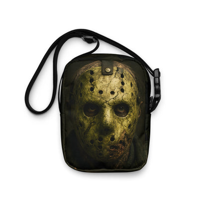 Jason Voorhees Mask Closeup Graphic Canvas Crossbody Bag Friday the 13th Horror Fan Shoulder Purse Spooky Slasher Accessory Adjustable Strap Polyester Canvas Material Multiple Pockets