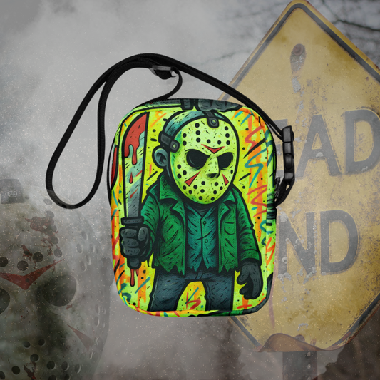 Pop-Art Cartoon Jason Voorhees Friday the 13th Graphic Canvas Crossbody Bag Vibrant Horror Fan Shoulder Purse Stylized Slasher Accessory Adjustable Strap Polyester Canvas Material Multiple Pockets