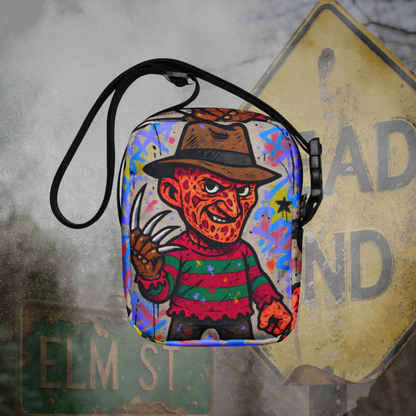 Pop-Art Freddy Krueger Nightmare on Elm Street Cartoon Graphic Canvas Crossbody Bag Vibrant Horror Fan Shoulder Purse Stylized Slasher Accessory Adjustable Strap Polyester Canvas Material Multiple Pockets