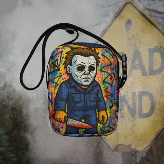 Pop-Art Michael Myers Halloween Cartoon Graphic Canvas Crossbody Bag Vibrant Slasher Fan Shoulder Purse Stylized Horror Accessory Adjustable Strap Polyester Canvas Material Multiple Pockets