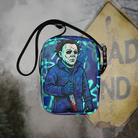 Pop-Art Neon Michael Myers Cartoon Graphics Canvas Crossbody Bag Glowing Horror Fan Shoulder Purse Vibrant Slasher Accessory Adjustable Strap Polyester Canvas Material Multiple Pockets