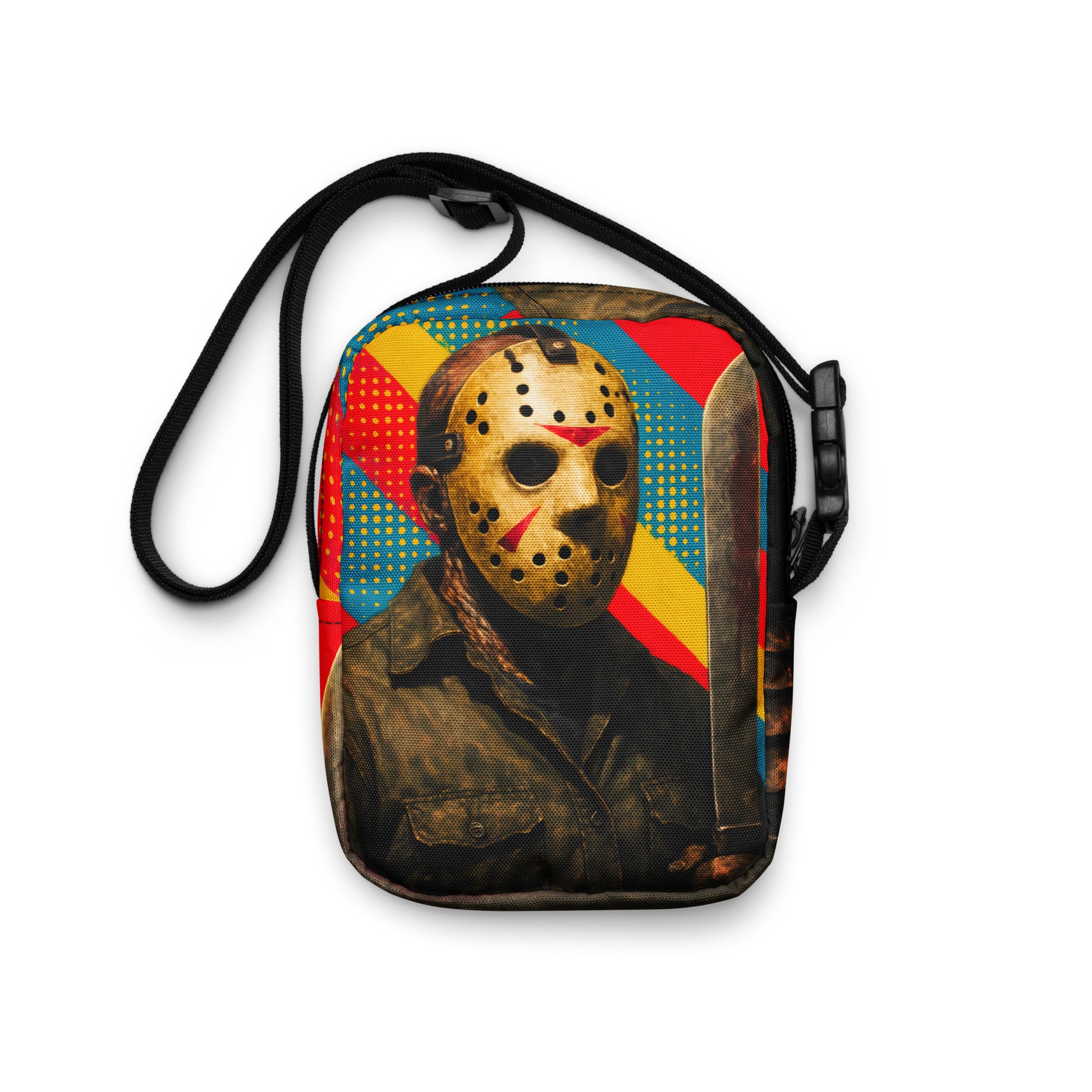 Retro Style Jason Voorhees Friday the 13th Graphic Canvas Crossbody Bag Vintage Horror Fan Shoulder Purse Classic Slasher Accessory Adjustable Strap Polyester Canvas Material Multiple Pockets 