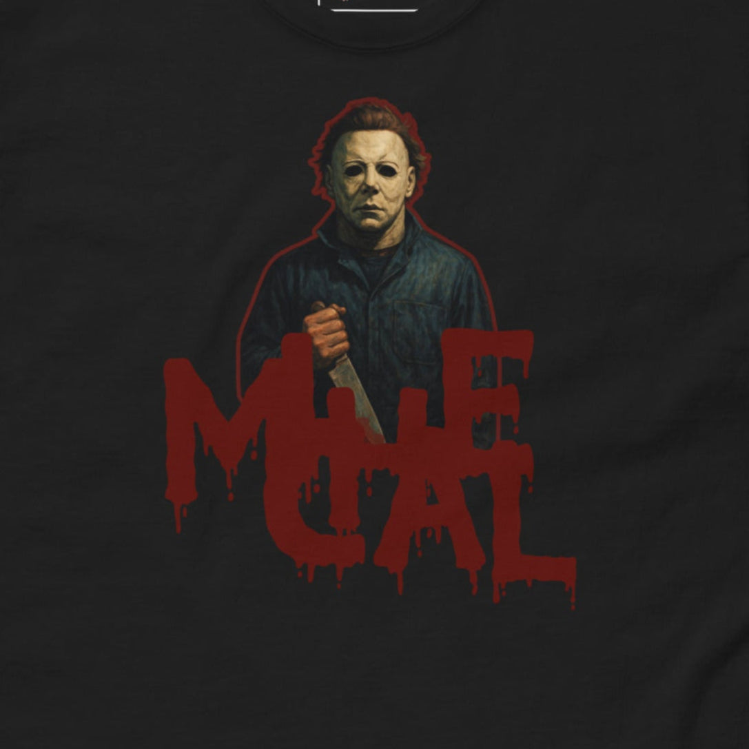Black Gildan Unisex T-Shirt with a graphic of a masked slasher icon and the name "Michael" in red, scattered, bloody lettering.
