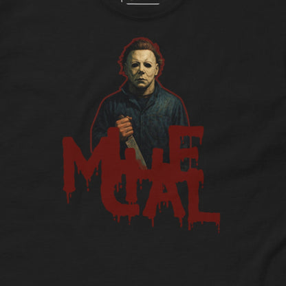 Black Gildan Unisex T-Shirt with a graphic of a masked slasher icon and the name "Michael" in red, scattered, bloody lettering.