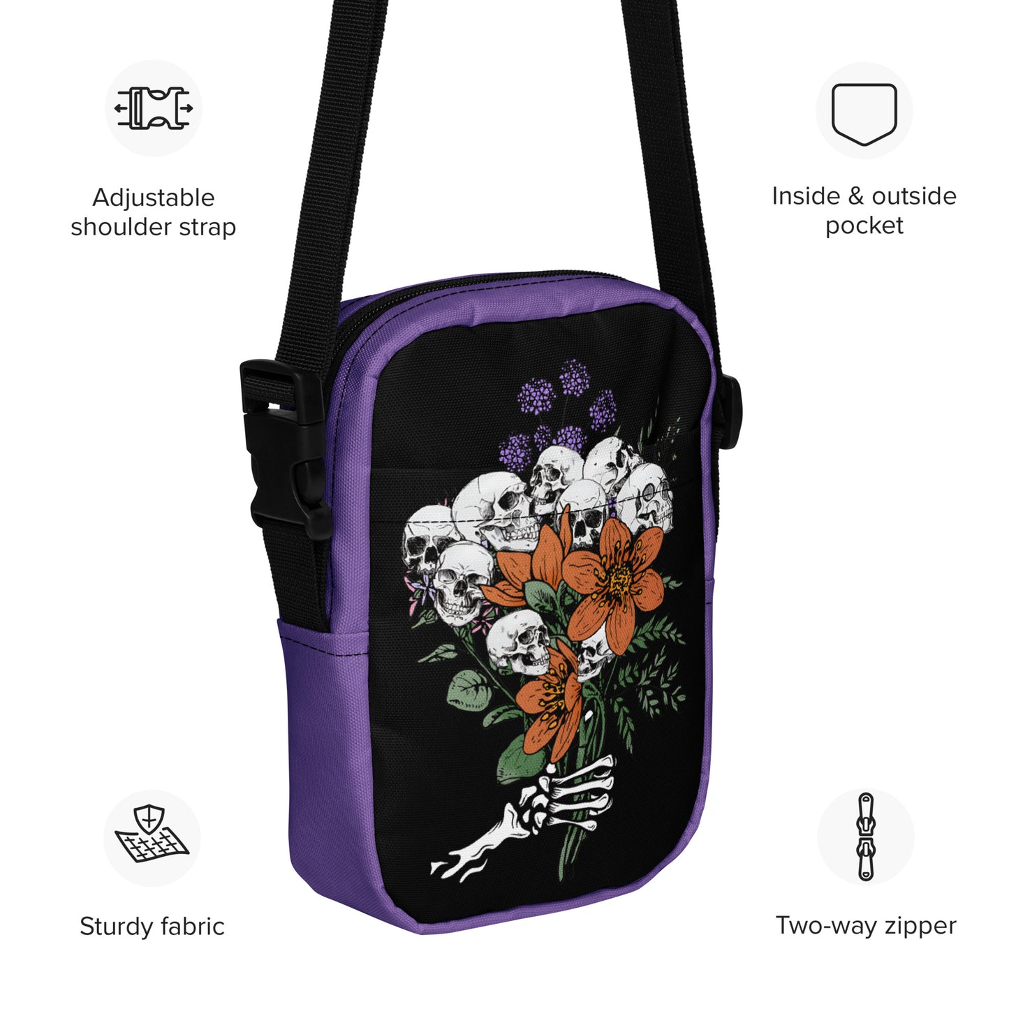 Gothic Crossbody Bag Floral Skull Halloween Accessory Halloween Bags with Flowers Floral Goth Crossbody Bag